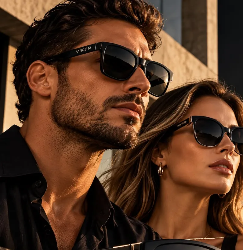 Casal usando óculos Viken ao pôr do sol